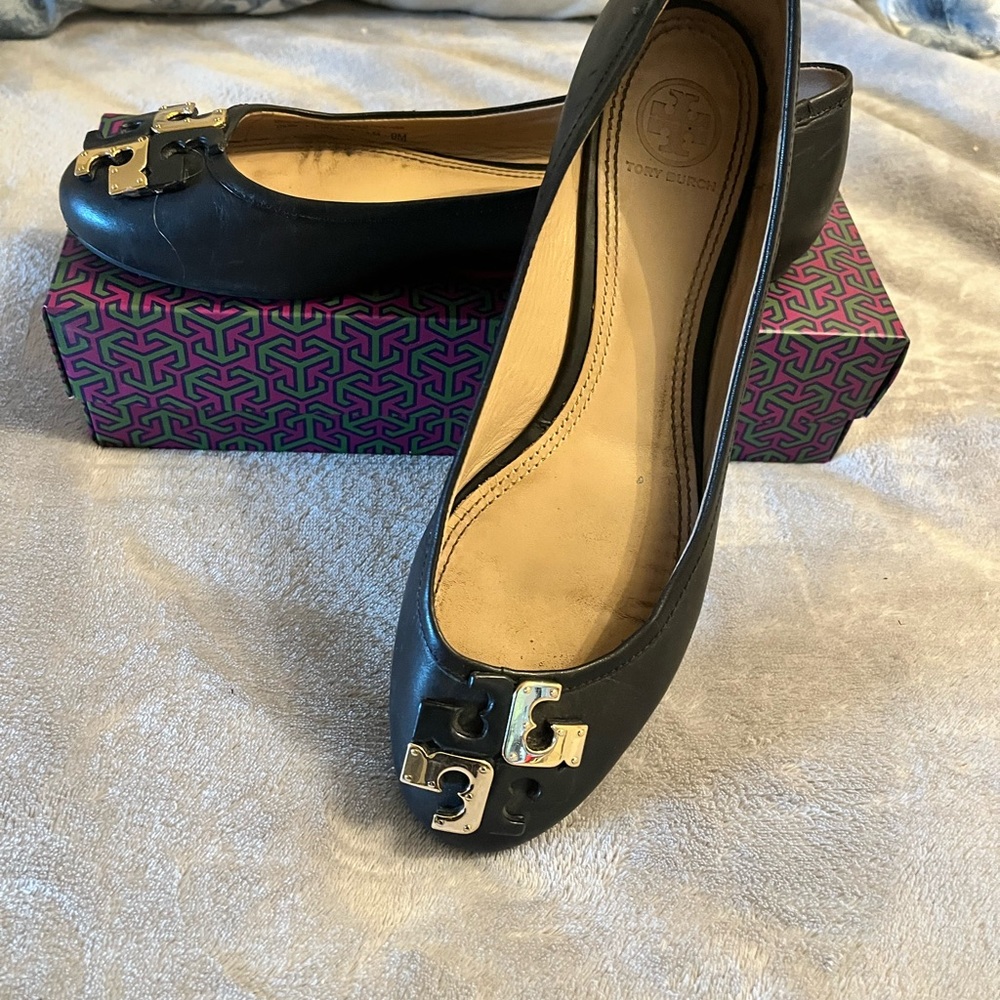 Tory Burch Black Flats with Metallic Embellishment